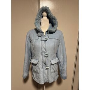 Girl Connection Blue Faux Suede Hooded Jacket Faux Fur Lined Coat Kids XL 14/16